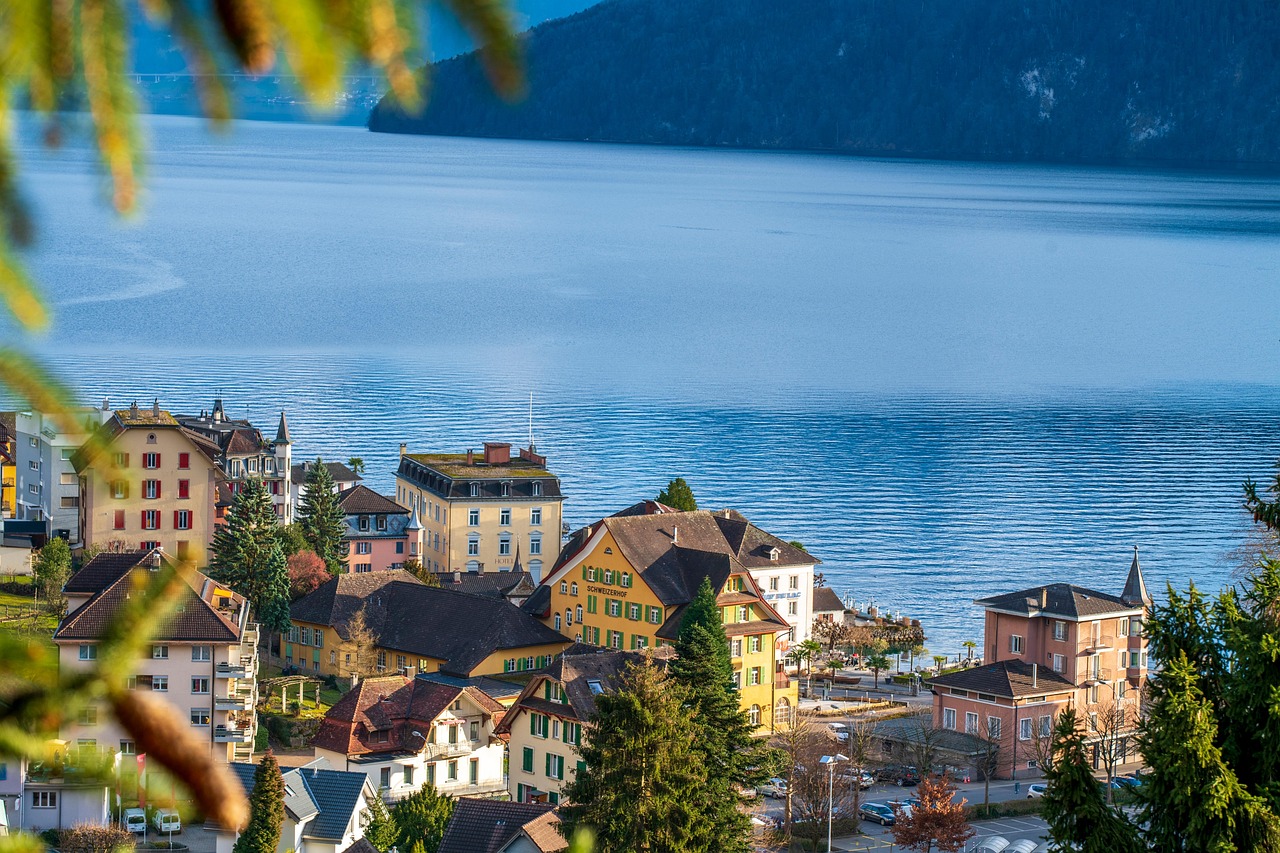 lake, houses, village, town, slope, villas, architecture, nature, winter, landscape, weggis, switzerland