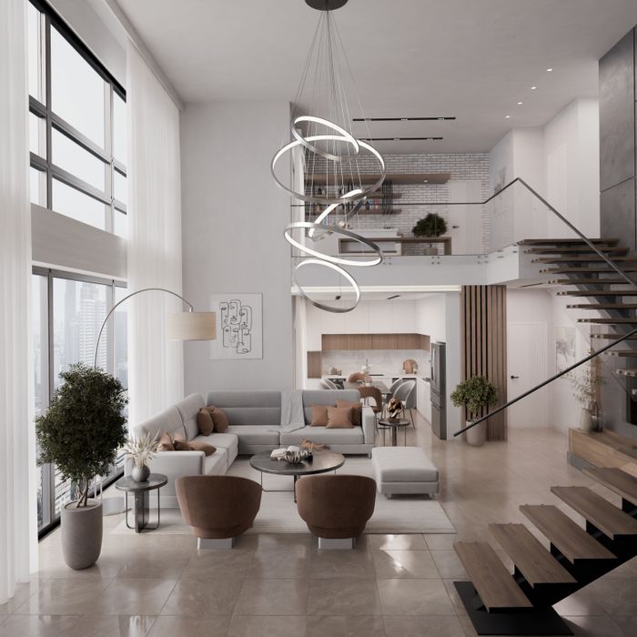 Spacious modern duplex living room with chic furnishings and expansive windows.